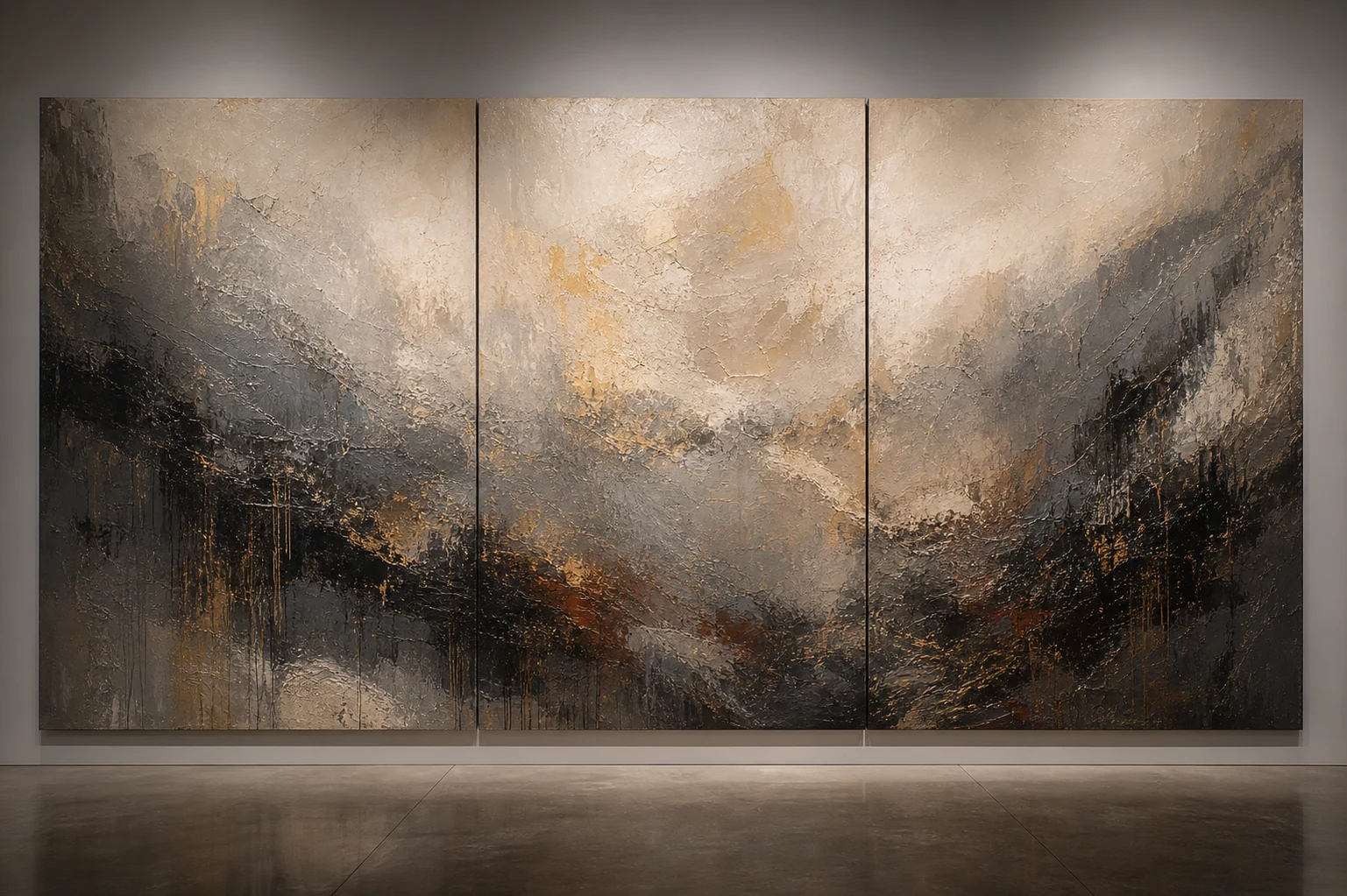Massive ivory, charcoal, and antique-gold expressionist oil painting presented as a textured triptych.