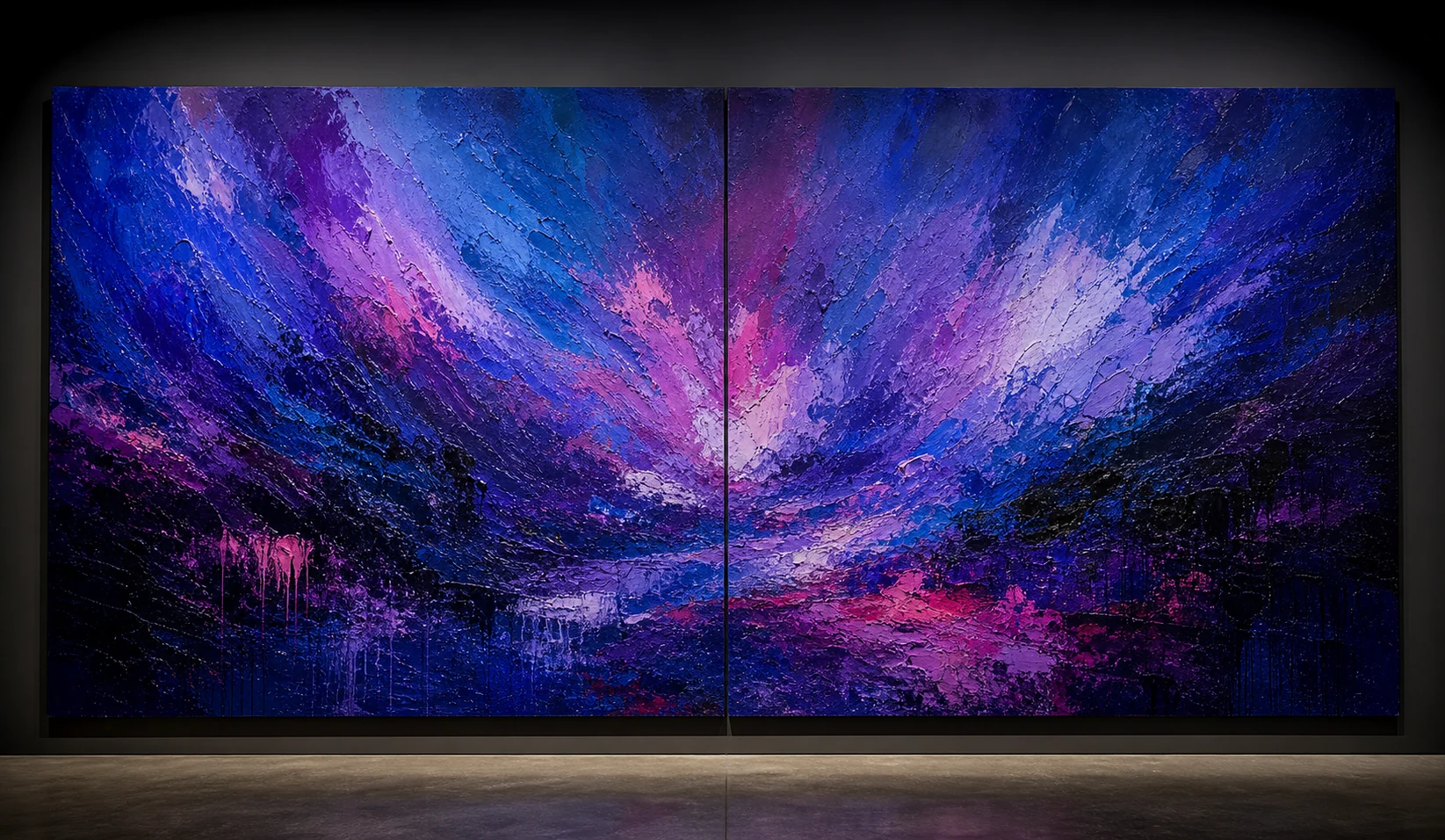 Massive cobalt, violet, and fuchsia expressionist oil painting presented as a dramatic diptych.