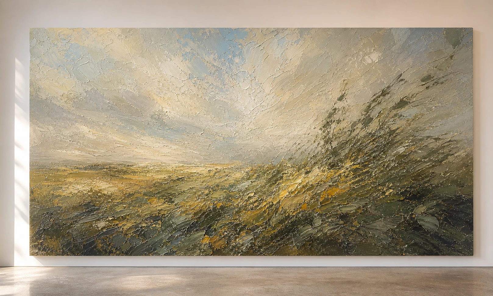 Extra-large eucalyptus green and ochre impressionist landscape with heavy physical oil texture.