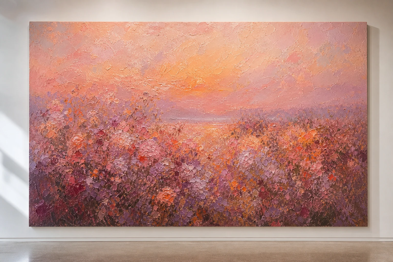 Extra-large impressionist oil painting of a rose and plum field glowing in warm sunset light.