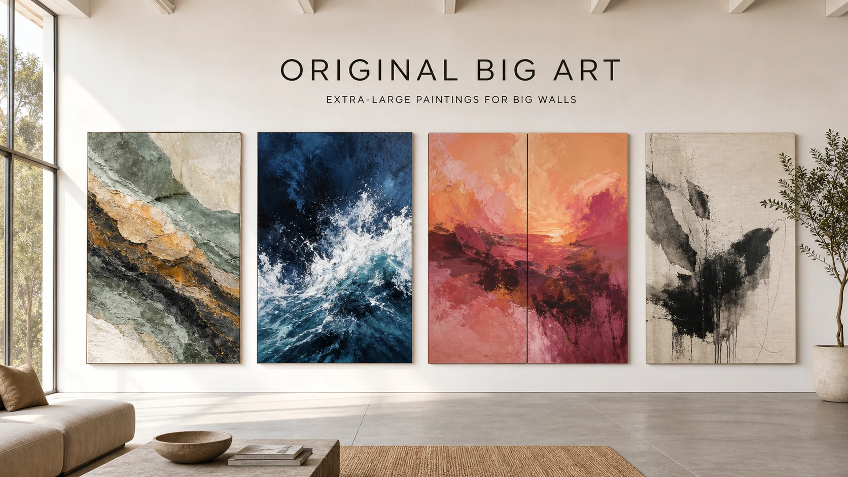 Bright contemporary interior displaying four extra-large Original Big Art paintings.
